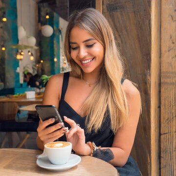 Jovem mulher brasileira, sensual, linda e loira, roupa com decote, sorrindo. olhando celular