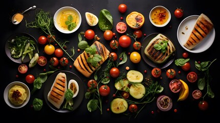 Top view of healthy food on black background with copy space. Panorama