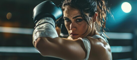 Female boxer training in gym with hand wrap.
