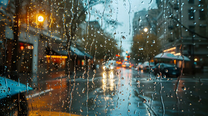 Raindrops on Glass with Blurred Street Lights Background at Twilight