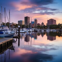 Sunset at the marina in Boston, Massachusetts, USA.