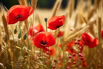 Obraz premium Close-up of red poppies and gold colored barley, germany