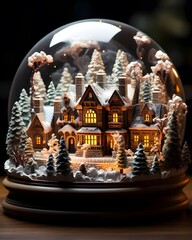 Snow globe with houses and trees in the snow. Christmas decoration.