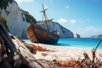 Navagio Beach in Zakynthos, Greece, boasts an abandoned smuggler ship, creating an iconic scene within the ProPhoto RGB color space.