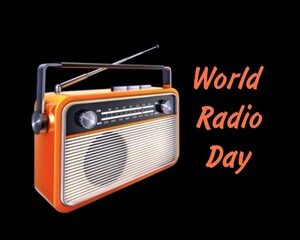 Background with orange retro radio and lettering world radio day