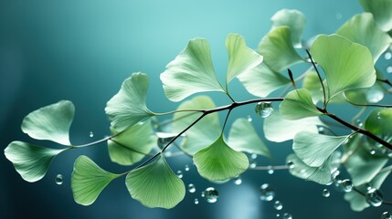 Close up translucence minimalist ginkgo full hd background, Leaf with water drops, green and blue, Beautiful background of wet tree leaves, generative ai