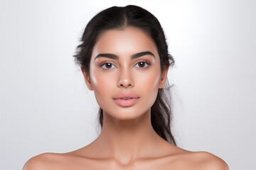 Obraz premium Beautiful young Indian woman takes care of her skin, posing over grey background