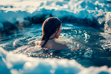 Woman ice or winter bathing in a frozen lake, embracing the cold for health.
