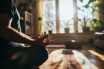 Man meditating during a peaceful yoga session at home. Shallow field of view. - obrazy, fototapety, plakaty