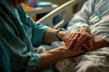 Relative comforting elderly patient in hospital during difficult times.
