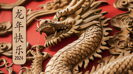 carte de vœux 2024 avec le dragon de bois pour le nouvel an chinois, texte en chinois "Bonne année du dragon 2024"