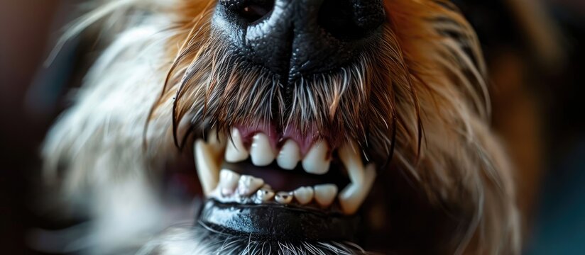 Close-up picture of a dog's teeth with tartar or plaque.