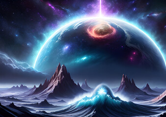 Cosmic dreamlike vision of a multiverse with many stars and planets Generative AI