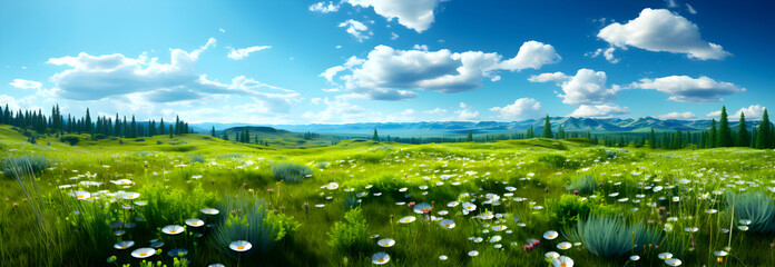 vibrant green meadow with wildflowers, surrounded by pine trees under a sunny sky with scattered clouds and distant mountains