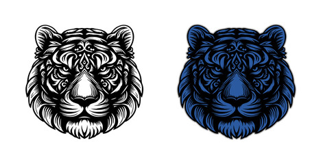 tiger head logo with ethnic style design on transparent background (black, blue)