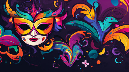 Illustration of an artistic colorful Carnival mask on purple backdrop