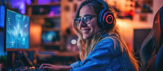 Influencer young woman enjoys live streaming while discussing video games.
