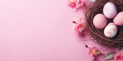 pink easter eggs in nest with pink flowers