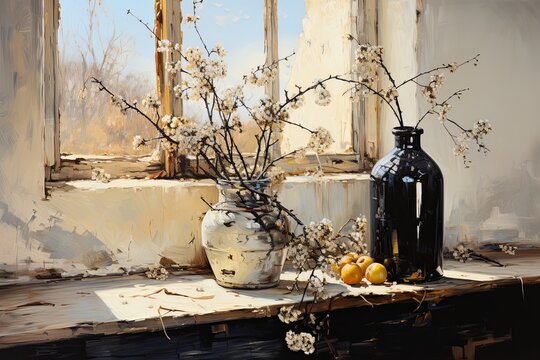 Still life on an old window: white and black vases with flowers