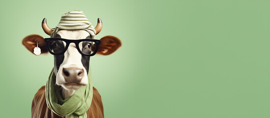 A cool looking cow portrait wearing funky hat, hipster glasses and stylish outfit Humanoid animal posing as a model, isolated on pastel green background. Banner design with copyspace