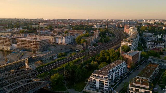 Techno club ost renate city Berlin Germany. Nice aerial top view flight drone