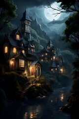 Scary haunted house in the forest at night. Halloween background.