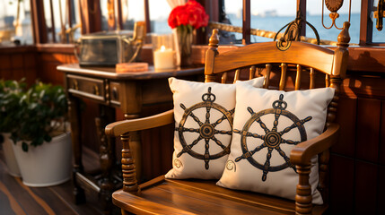two white pillows with ship's wheel designs on a wooden bench, with a maritime wheel, candles, and flowers in the background