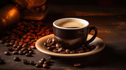 Fototapeta na wymiar Espresso Coffee Cup With Beans On Vintage Table