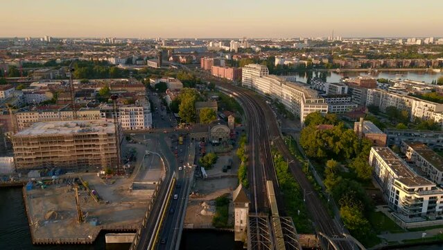 club ost renate train, city Berlin Germany. Magic aerial top view flight drone