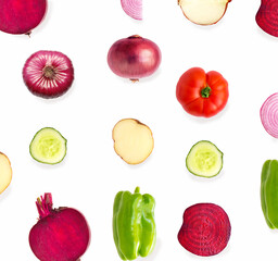 Creative layout made of vegetables,tomato, onion, green pepper, cucumber, potato on the white background. Flat lay. Food concept. Macro concept.	
