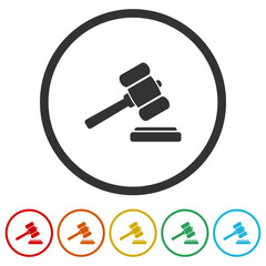 Judge hammer icon. Set icons in color circle buttons