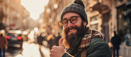 Smiling bearded man gives a positive thumbs-up while standing in city sunshine. - obrazy, fototapety, plakaty