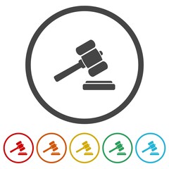 Judge hammer icon. Set icons in color circle buttons