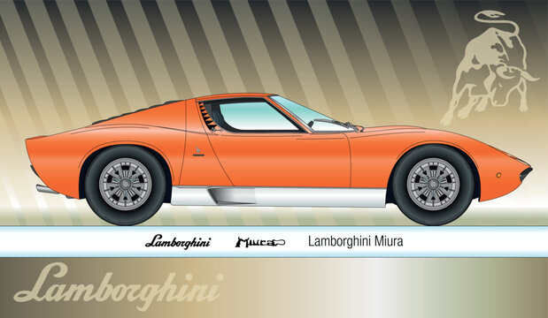 Italy, year 1966, Lamborghini Miura vintage super car,  coloured outline design, vector illustration
