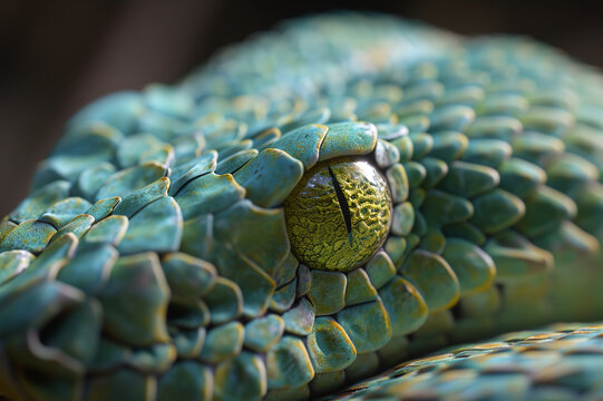 Green snake head portrait, green python head with observation pupil
