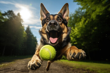 Portrait of a German Shepherd jumping for a ball in the park