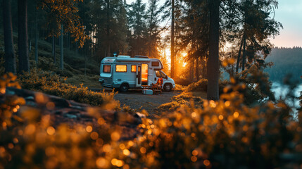 Camping in the woods, campfire, motor home.  Active recreation concept