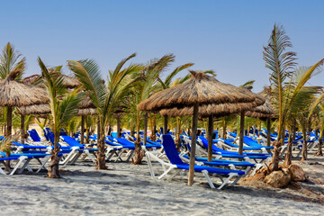 Beach beds and rattan umbrellas line the sandy shore of Boa Vista, inviting vacationers.