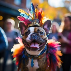 Cheerful, smiling purebred dog in feather accessories attending traditional local carnival, festival. Blurred crowned street