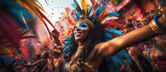 Fototapeta na wymiar Holy festival. Happy, smiling, young African woman in colorful makeup and stylish bright costume during traditional carnival