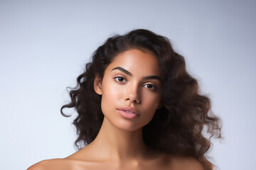 Naklejka premium Beautiful young Latin American woman takes care of her skin, posing over grey background
