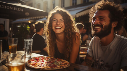 Relaxed friends sitting at table at party. Young people in casual clothes sitting on terrace roof, talking, eating pizza and drinking wine. Communication, friendship concept