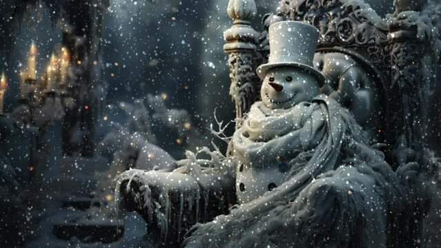 Snowman in a snow kingdom with burning candles and falling snow