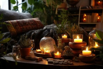 Cozy ambiance with candles, crystals, herbs, and plants for healing and relaxation, infused with fragrant incense smoke. Generative AI