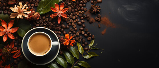 Coffee and coffee beans - an interesting and tasty composition - obrazy, fototapety, plakaty