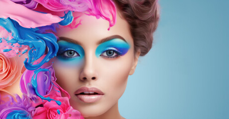 A woman with blue eyeshadow and pink lipstick posing behind colorful swatches of paint. The image is a close-up of her face, showcasing her makeup and the paint. The background is a light blue.