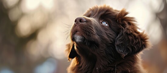 Adorable brown Newfie pup gazing skyward.