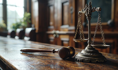 Symbol of justice: Wooden gavel and scales in the courtroom, representing legal authority and judgement
