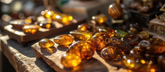 Display high-resolution images of amber jewelry in the store. - obrazy, fototapety, plakaty