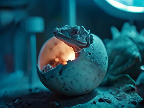A baby dino hatching from an egg in a dark laboratory sci-fi scene animation